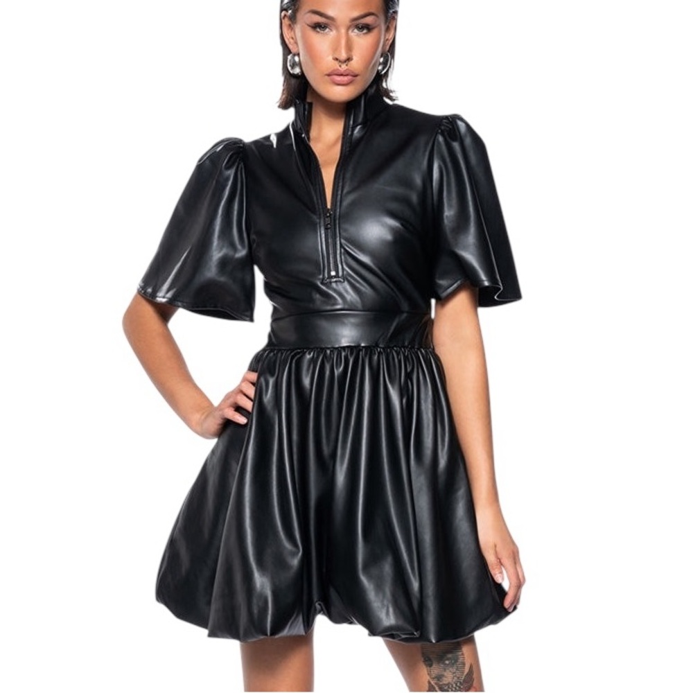 NEW Akira Pu Black Faux Vegan Leather Bubble Mini Dress - L